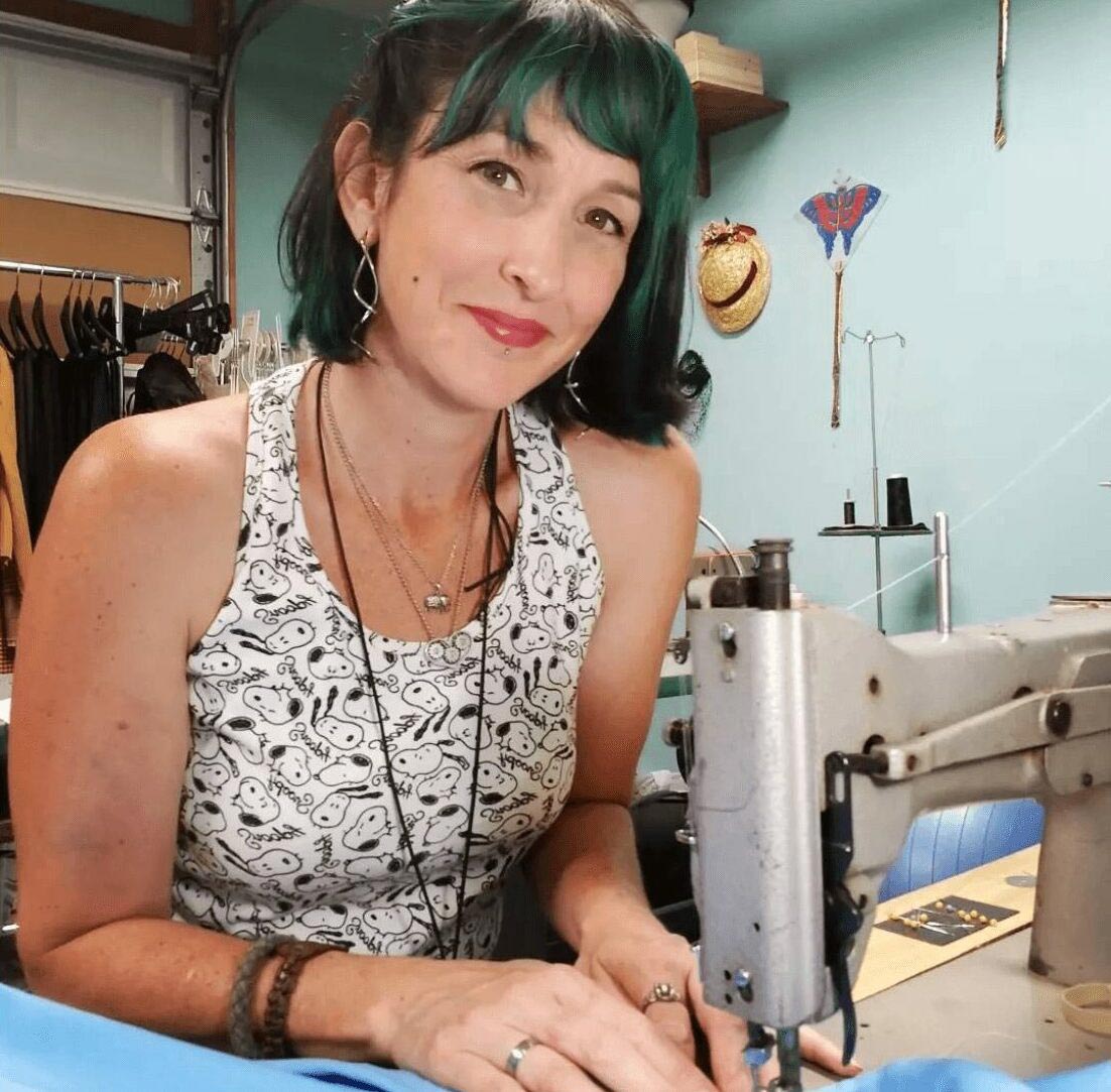 Tricia Camacho at her sewing machine